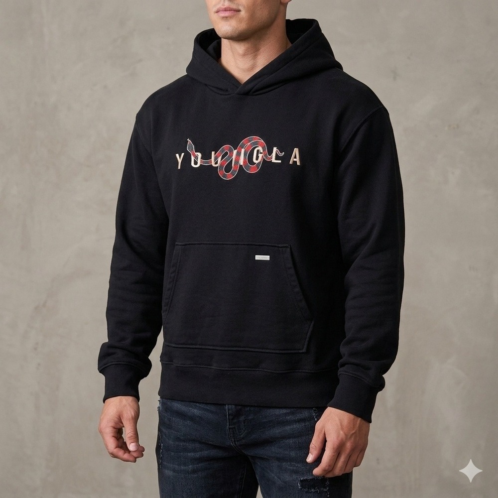 YoungLA 510 King Snake Embroidered Hoodie Black Heavyweight Cotton Fleece M
